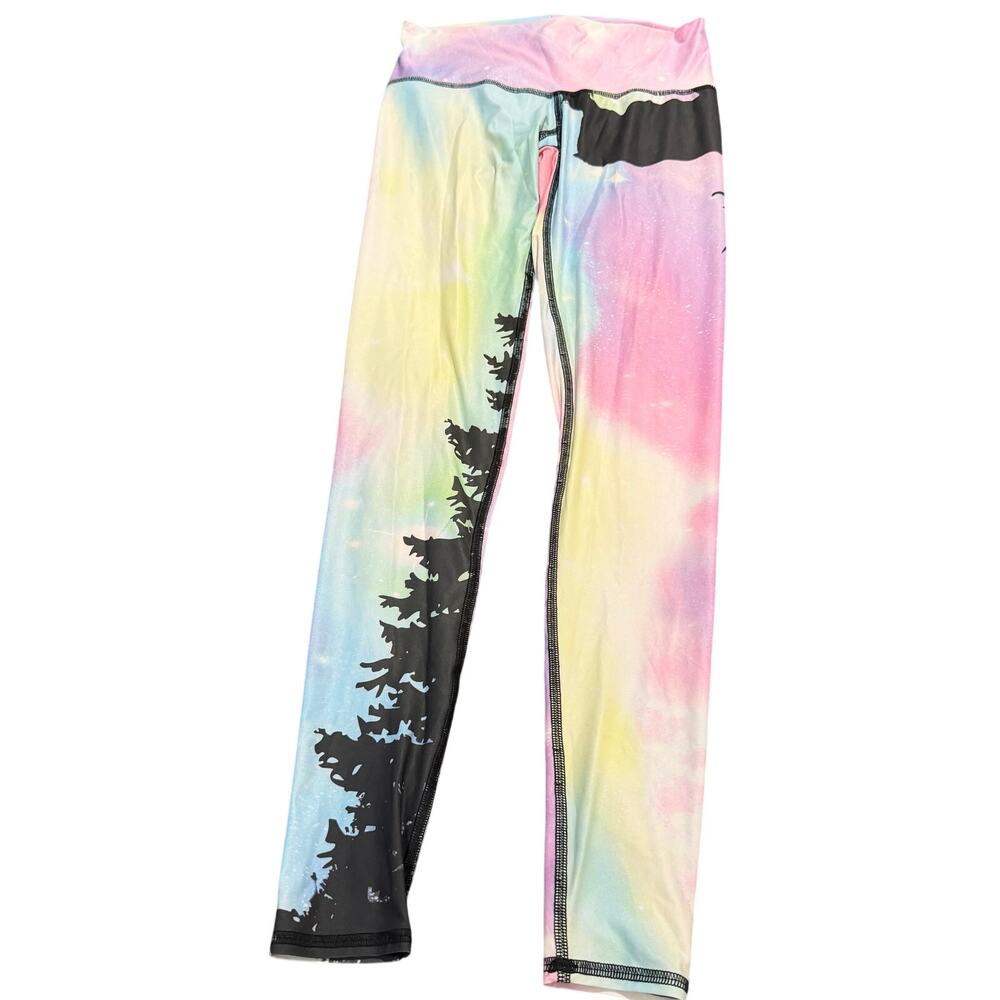 Teeki Aurora Borealis Northern Lights leggings w deer colorful yoga sz S activwr